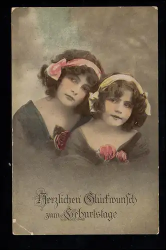 Kinder-AK Geburtstag: Zwei Mädchen mit Haarschleife und Rosen HANNOVER 23.7.1918