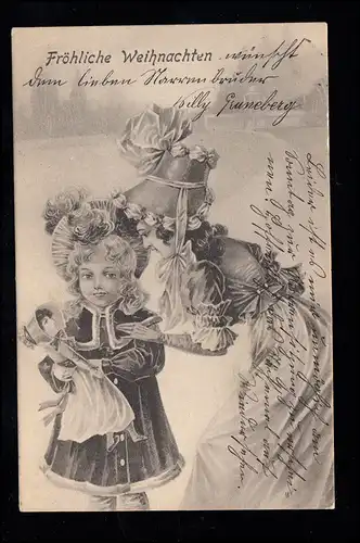 Kinder-AK Weihnachten: Biedermeier Mutter mit Tochter Puppe BERLIN C. 24.12.1903
