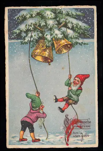 Karikatur-AK Neujahrsgrüße: Zwei Zwerge läuten Glocken, MUNDERFING 1.1.1934