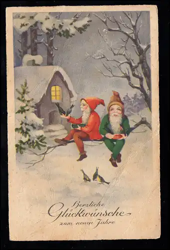 Salut de Nouvel An: Deux nains nourrissent des oiseaux, MITTWEIDA 2.1.1934