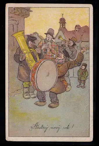 Karikatur-AK Bunte Stadtmusikanten Posaune Pauke Flöte Trompete, TURNOV 30.12.22