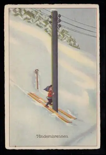 Caricature AK Course de derrières enfant sur ski rencontre le mât télégraphique, inutilisé