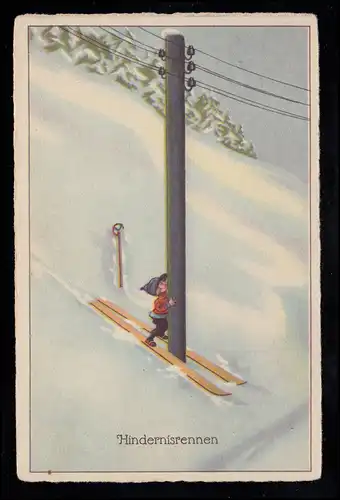 Karikatur-AK Hinternisrennen Kind auf Skiern trifft Telegraphenmast, ungebraucht