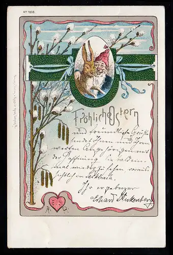 Caricature-AK Salut de Pâques: Nain avec lièvre Chaton de pâturage, FRANKFURT / MAIN 31.3.99