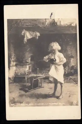 Kinder-AK Foto-AK H. Darien: Ihre erste Suppe - Mädchen beim Kochen, BERLIN 1906