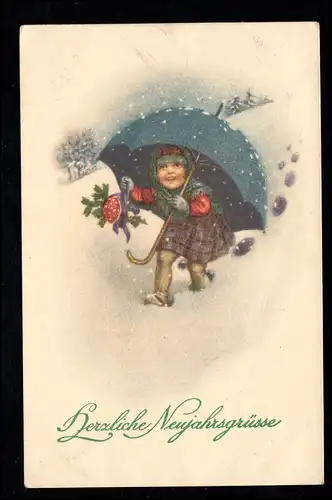 Enfants-AK Nouvel An: Fille sous parapluie avec champignon de mouche, 30.12.1928