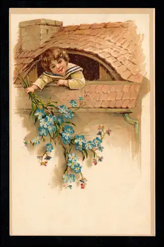 Kinder-AK Junge schaut aus Dachluke mit Veilchenzweig, SAAL a. DONAU 20.2.1917