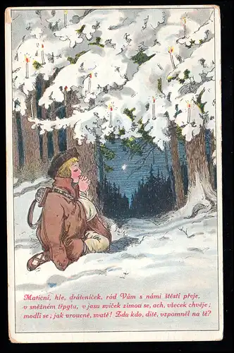 Landpost-Stempel Auhonitz / Uhonice auf Kinder-AK Abendgebet, DUSCHNIK 29.12.08