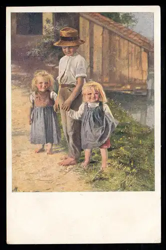 Kinder-AK Frischlinge - Junge mit seinen beiden Schwestern, Jobst-Verlag 