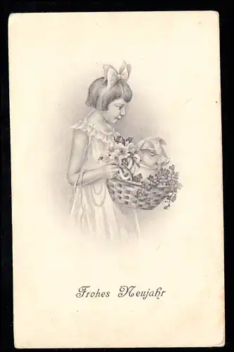 Enfants-AK Nouvel An: Fille avec cochons chanceux dans le panier, inutilisé