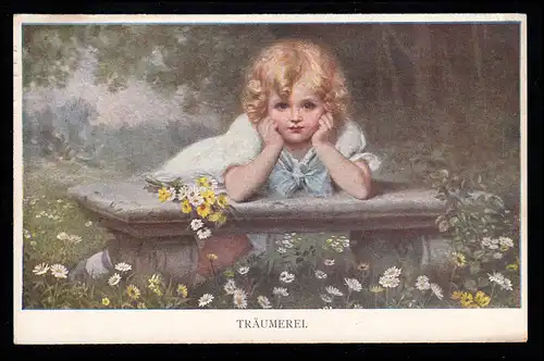 Enfants-AK rêverie - Petite fille couchée sur un banc de pierre, couru vers 1921