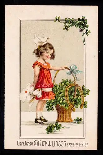 Enfants-AK Nouvel An: Fille en robe rouge avec porte-bonheur, SENFTENBERG 1.1.21