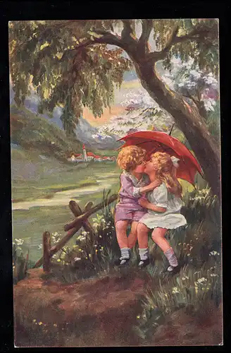 Kinder-AK Laube: Heimliche Liebe - Der Kuss unter dem Regenschirm, ungebraucht