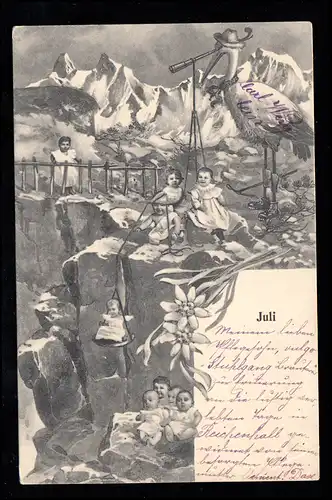 Enfants-AK Mois Juillet: La cigogne de salon apporte beaucoup d'enfants, montagnes, étiquetés