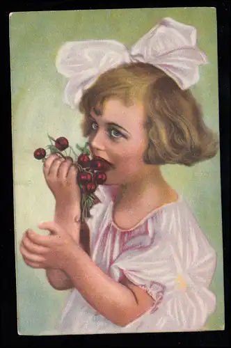 Enfants-AK fille manger à la cerise, LEIPZIG Messestadt 9.1.1928
