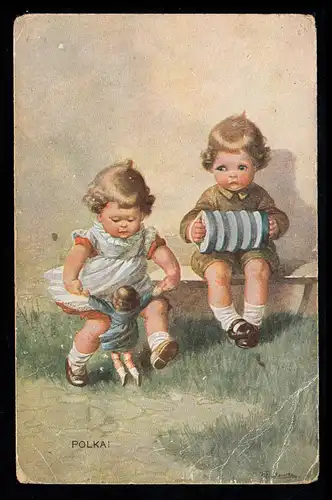 Kinder-AK Polka! Mädchen musizieren und Tanzen mit Puppe, MÖDLING 12.3.1925