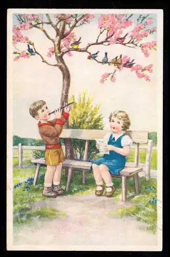 AK pour enfants En Musique: Fille avec feuille de partition Garçon avec flûte, BRUNNSEE 1944