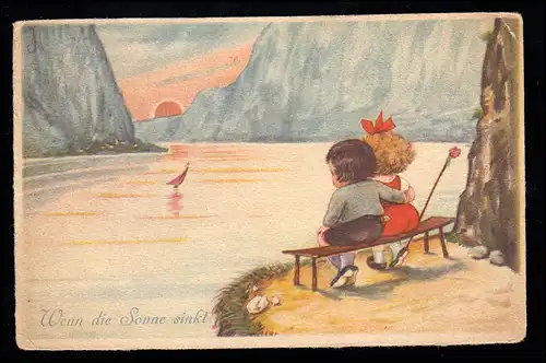 Kinder-AK Wenn die Sonne sinkt! Mädchen und Junge beim Sonnenuntergang, 14.10.25