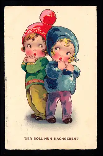 Kinder-AK Wer soll nun nachgeben? Werbestempel WIEN 26.2.30 - WIENER MESSE 1930