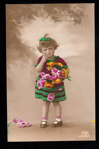 Kinder-AK Namenstag: Weinendes Mädchen Blumen, coloriert, Amag-Verlag, RIEDERAU