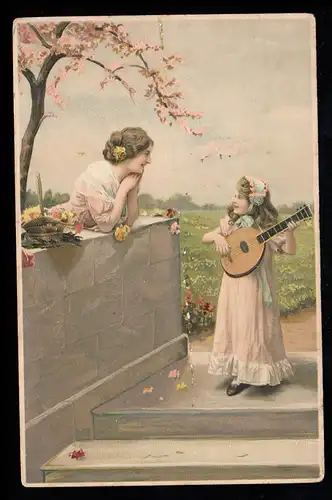 Enfants-AK Mère est heureuse: fille joue Mandoline, BRUCCHSAL 24.12.1909