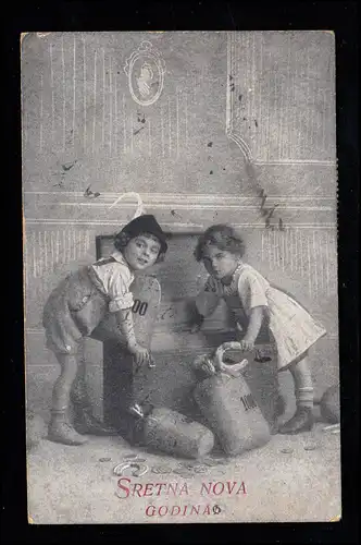 Kinder-AK Neujahr: Mädchen und Junge mit Geldsäcken und Kiste, gelaufen