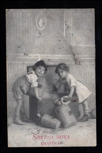 Kinder-AK Neujahr: Mädchen und Junge mit Geldsäcken und Kiste, gelaufen