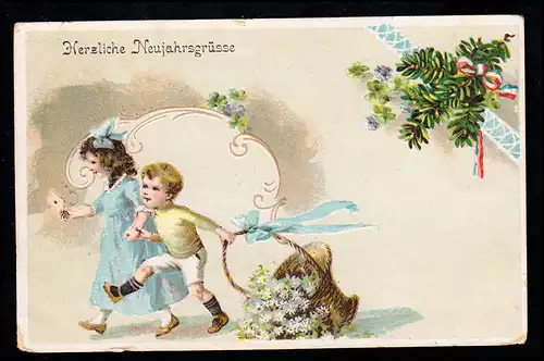 Enfants-AK Nouvel An: Filles et garçon avec panier et fleurs, 31.12.1920