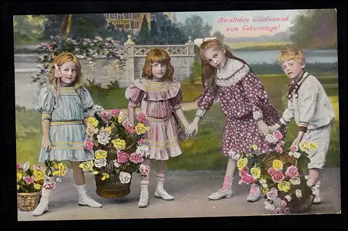 AK pour enfants Trois enfants avec trois paniers de fleurs (Roses), série 1683.4., inutilisé