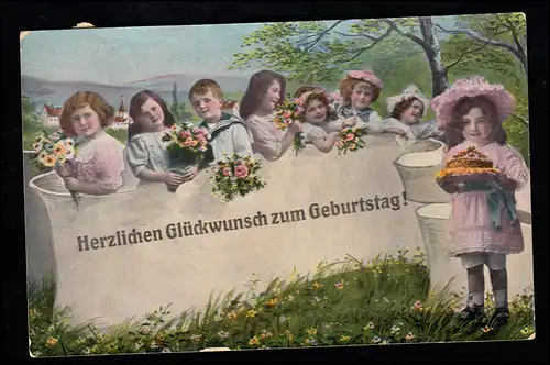 AK pour enfants Anniversaire: Filles et garçons Fleurs et gâteaux, SAXERIED 1917