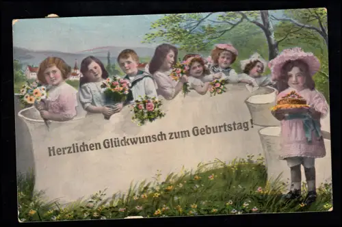 Kinder-AK Geburtstag: Mädchen und Jungen Blumen und Kuchen, SACHSENRIED 1917