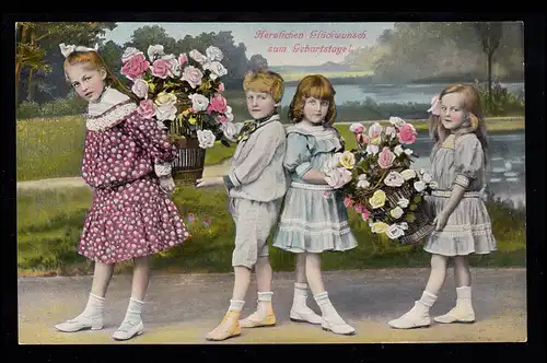 Enfants AK Trois filles un garçon avec deux paniers de roses série 16831., non utilisé