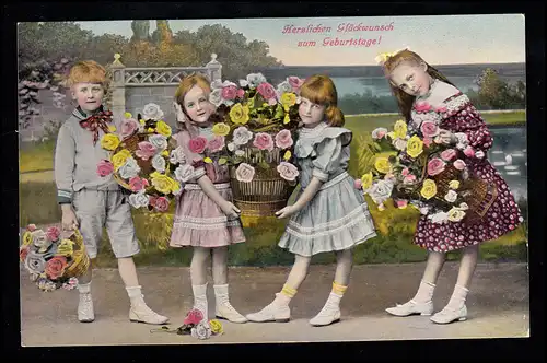 Enfants AK Trois filles, un garçon avec 4 paniers de roses série 16832., non utilisé