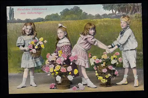 Enfants AK 3 filles et un garçon avec 3 paniers de roses série 1683.3., inutilisé