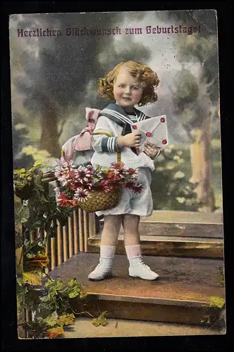 Kinder-AK Geburtstag: Mädchen im Matrosenanzug als Briefbote, POTSDAM 17.6.1910 
