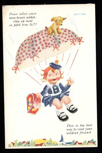 Enfants-AK Janser: Fille volante avec parachute et chien, inutile