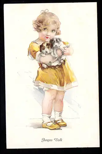 Enfants-AK Schilbach: Jeune peuple - Bonnes filles camarade avec chiots