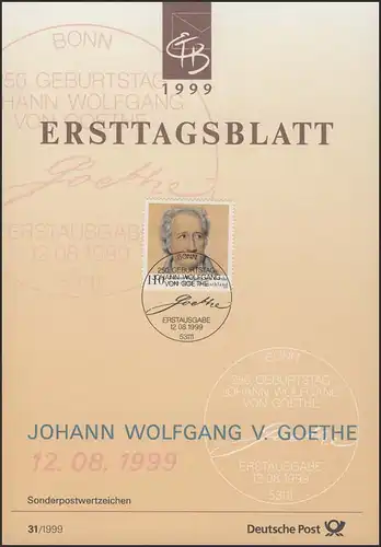 ETB 31/1999 Johann Wolfgang von Goethe, Dichter