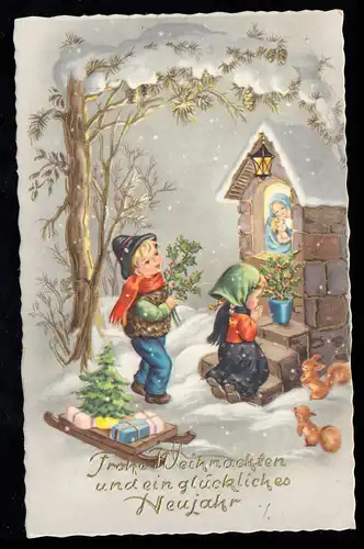 Kinder-AK Neujahr: Mädchen und Junge betend am Wegkreuz im Winter, 1966