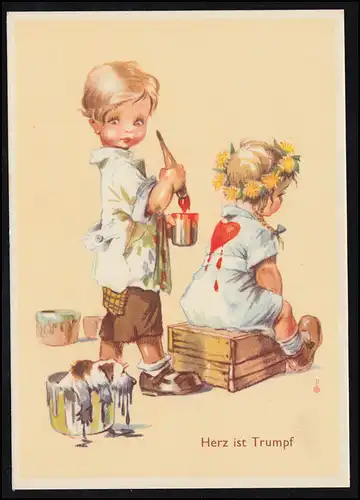 Kinder-AK Herz ist Trumpf! Junge als Maler mit roter Farbe, ungebraucht