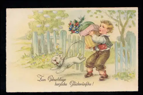 Kinder-AK Geburtstag: Junge Blumen Geschenke Hund, HELLENDORF über PIRNA 5.3.41