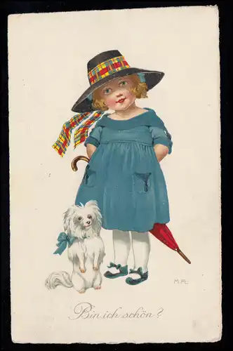 Enfants AK Filles et chien demander: Suis-je beau? BINGEN / RHEIN 20.6.1925