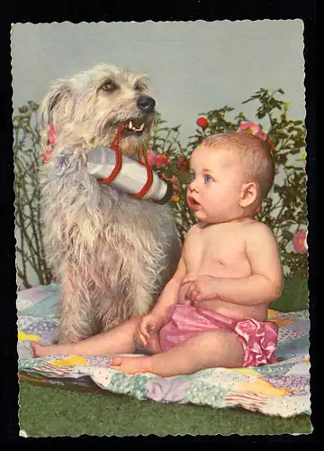 Enfants-AK chien avec bouteille de lait chez l'enfant qui attend, inutile