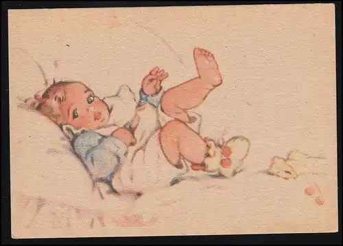 Kinder-AK Strampelndes Baby im Bett, ungebraucht