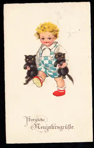 Kinder-AK Neujahr: Junge mit zwei schwarzen Katzenkindern, ELBERFELD 4.1.30