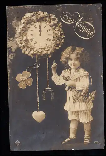 Kinder-AK Neujahr:Mädchen mit Silvester-Uhr Glücksbringer, BUCHBACH 29.12.1908 