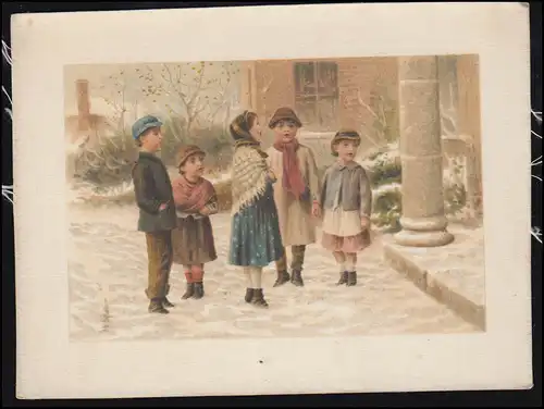 Kinder-Textil-AK: Kinder singen Weihnachtslieder vor Eingang, ungebraucht