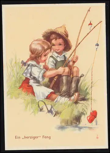 Kinder-AK: Ein "herziger" Fang - Mädchen und Junge beim Angeln, ungebraucht