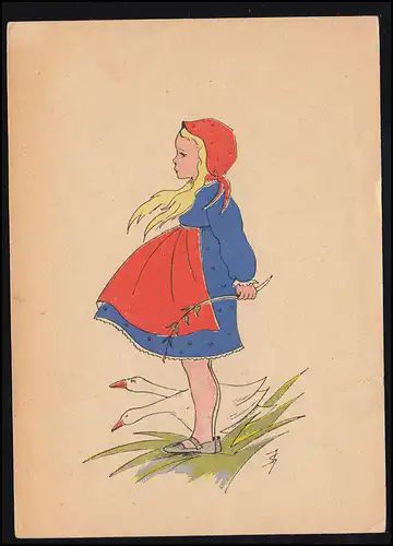 Kinder-AK Gänseliesel im blauen Kleid und roten Kopftuch, JÜNKERATH 12.8.1948