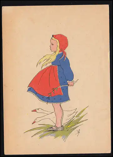 Lis d'oie pour enfants en robe bleue et en foulard rouge, JÜNKERATH 12.8.1948